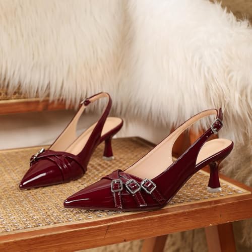 Heeled Slingback Kitten Heels for Women Closed Pointed Toe Pumps with Buckles for Dating Party Working2