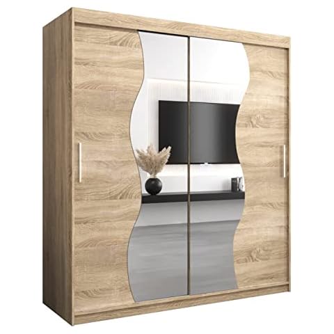 Kryspol Schwebetürenschrank Madryt 180 cm mit Spiegel Kleiderschrank mit Kleiderstange und Einlegeboden Schlafzimmer- Wohnzimmerschrank Schiebetüren Modern Design Cover