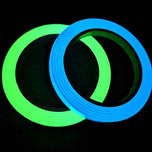 Gebildet 2 pièces 10m x 1cm Glow in the Dark Tape, Lumineux Ruban Adhésif Autocollant, Ruban Phosphorescent, Fluorescente Nuit Autocollant, Amovible, Photoluminescent (Vert + Bleu Ciel)