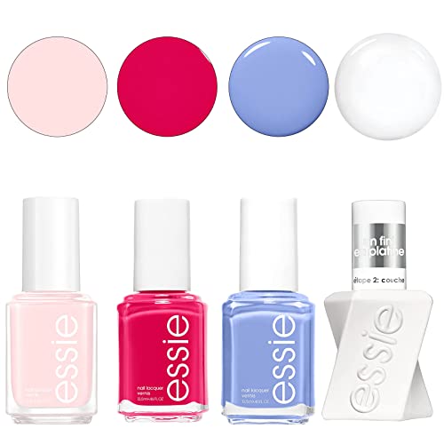 Essie Nail Polish and Top Coat Kit 0.46 Oz with Nail File for Natural Nails, Gel Couture Platinum Grade Finish Top Coat, Ballet Slippers Sheer Pink, Red Watermelon, Sparkling Blue Bikini So Teeny