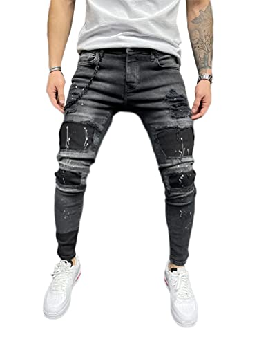Osheoiso Herren Destroyed Jeans Biker Hose Herren Löcher Lang Jeans Denim...