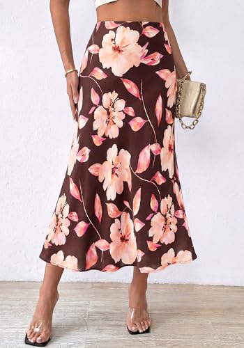 Image of BTFBM Satin Skirts for Women Trendy 2026 Summer Fall | High Waisted A-Line Leopard Print,Floral Print, Business Casual,Cocktail,Wedding Guest,Long Silk Midi Skirt