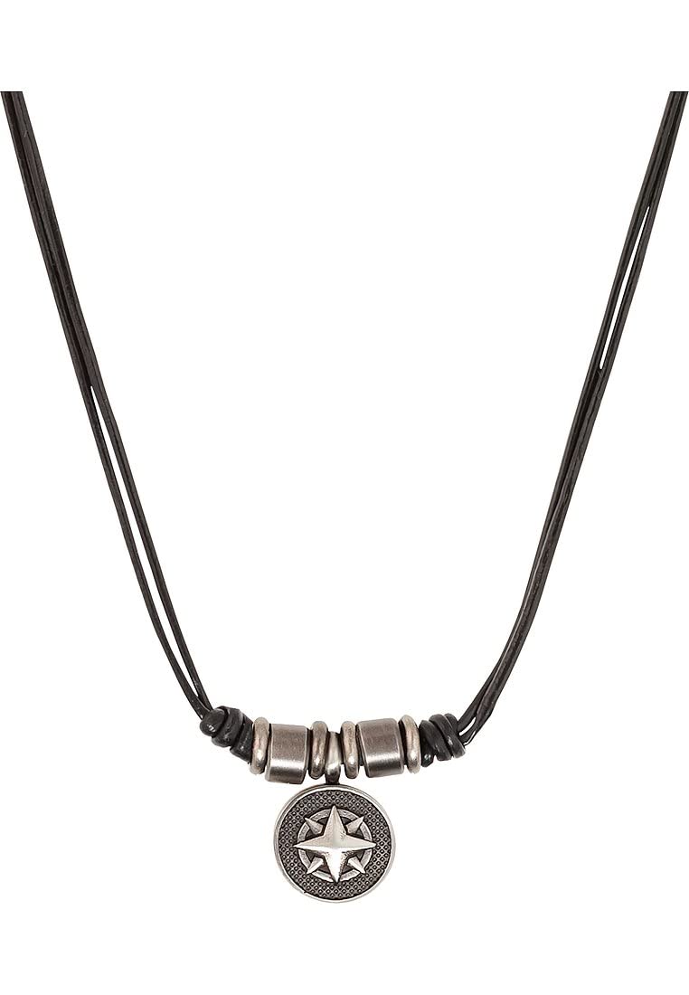 s.Oliver necklace with pendant stainless steel leather men's necklace, 45+5 cm, silver, compass, comes in jewelry gift box 2035536