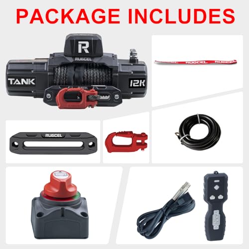 Image of RUGCEL WINCH 12000lb 12V Electric Synthetic Rope Winch | Waterproof, black synthetic rope, hawse fairlead, 2-in-1 infrared + wired remote for Truck & SUV off-road