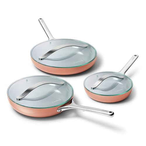 Image of Caraway 8in + 10in Fry + 12in + 8 /10 /12in Glass Lids 6pc Fry Set Perracotta