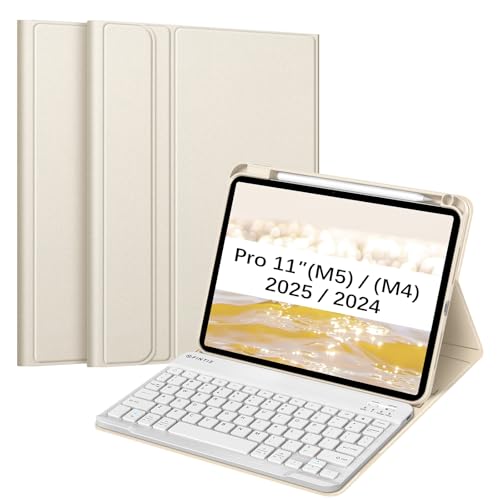 Image of FINTIE Keyboard Case for iPad Pro 11-inch (M5) 2025 / (M4) 2024 - Protective Soft TPU Back Stand Cover with Pencil Holder, Magnetically Detachable Wireless Bluetooth Keyboard, Starlight