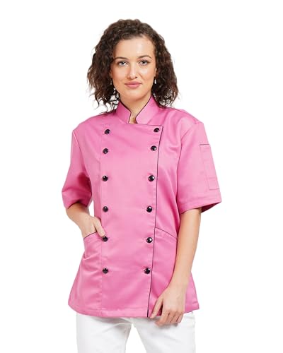 INFOHANDMADE Women's Traditionla Chef Coat Half Sleeve (pinkwith Black Piping Restaurant Chef Cook Kitchen Work Food Service. (LARGE)