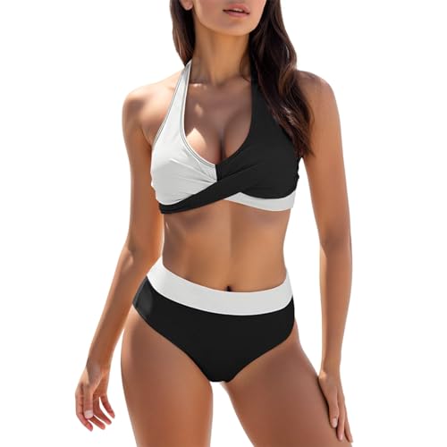 Traje de Baño para Mujer Estampado Floral Cuello en V Dos Piezas Conjunto Bañador Control de Vientre de Cintura Alta Bikini Cómodo