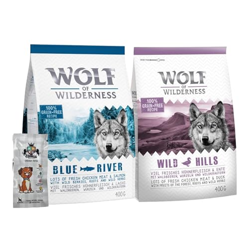 AETN Creations Wolf of Wilderness Mini Trial Travel Bundle 2x400g in Flavours Chicken with Duck and Chicken with Salmon - Grain-Free High Protein Dry Dog Food with AETN Jerky Treat