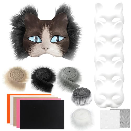 6 máscaras de gato para pintar, máscaras de gato para artesanato, máscaras de animais peludos com pele sintética, rede para olhos e pano de feltro, máscara de gato para Halloween, carnaval