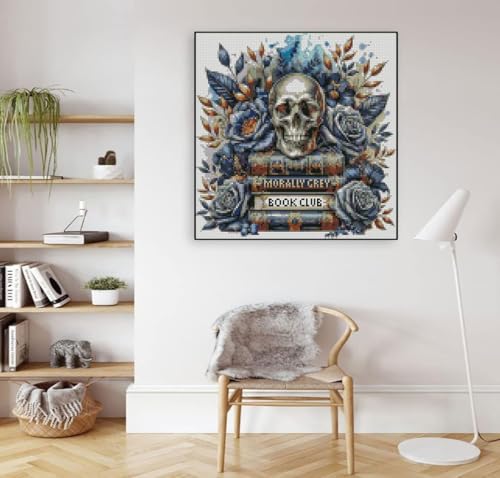 Image of Skull Stamped Cross Stitch Kits Skull and Book Cross Stitch Patterns,Dimensions Cross Stitch Kits Embroidery Kit Arts and Crafts for Beginners 13.7x13.7 inch