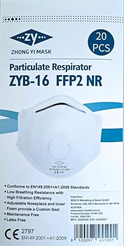 FFP2 NR - Mascarilla desechable certificada con válvula y diadema, 20 unidades
