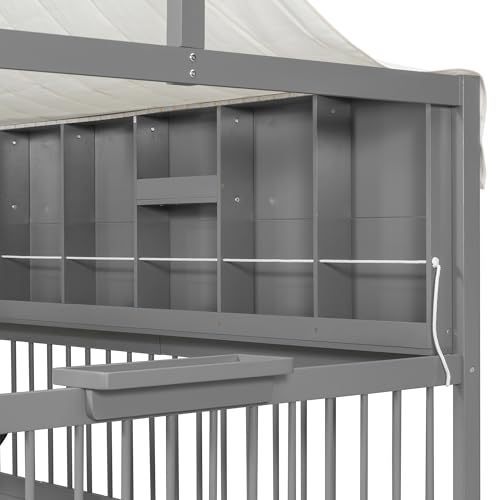 Image of Full Size House Bed with 2 Large Drawers&LED Strip Gray-T | Side Bookshelf, Cozy Reading Nook & Playhouse for Boys & Girls