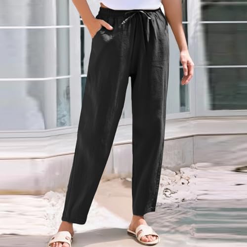 NBXNZWF Women's Cotton Linen Straight Leg Pants Elastic Drawstring Casual Trousers Summer Beach Lounge Pants with Pockets4