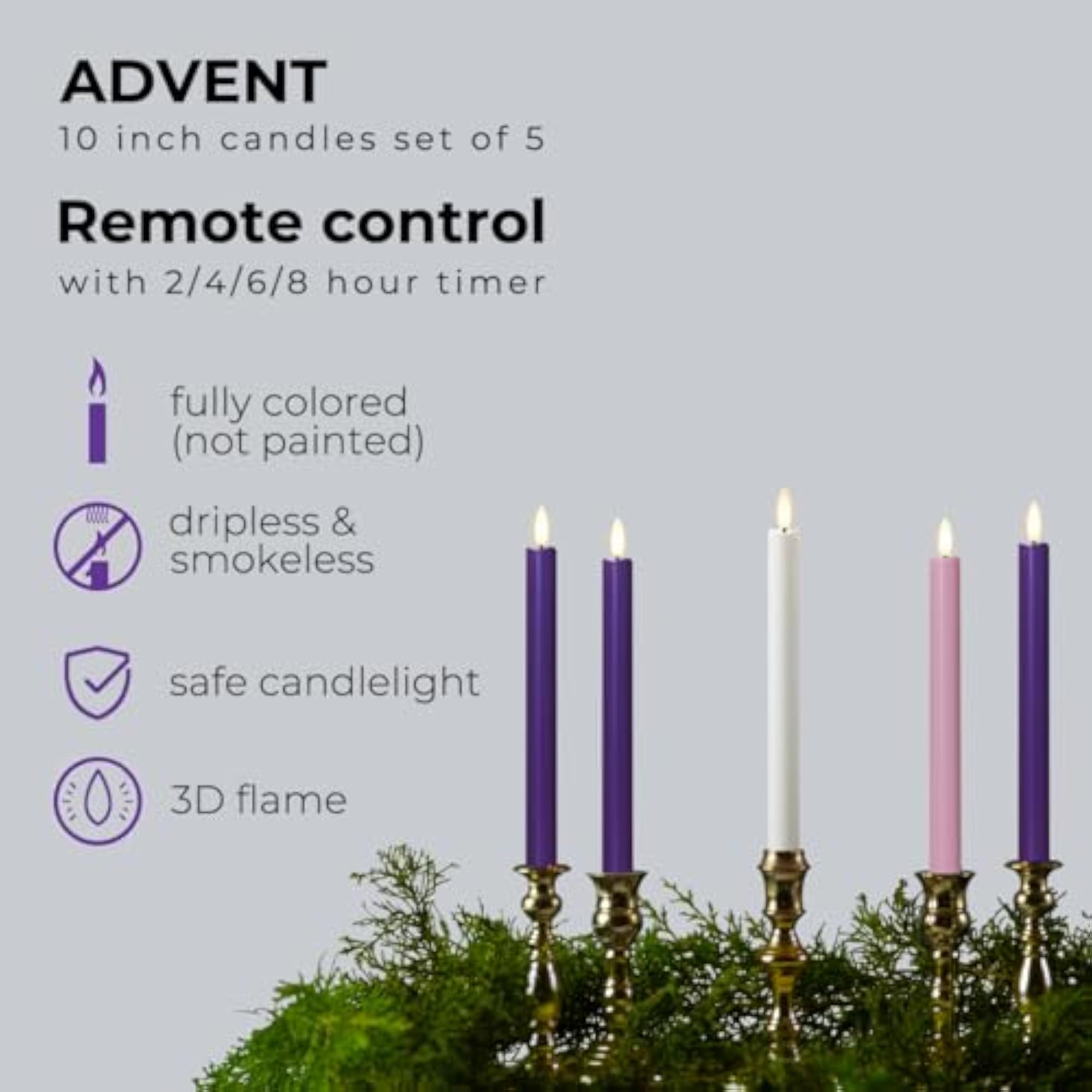 Flameless Advent Candles, Set of 5 - Flickering LED Flame