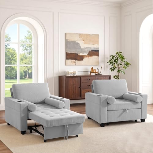 Image of 3-in-1 Sleeper Sofa Chairs Set of 2, Pull Out Sofa Bed Convertible Reclining Seat Upholstered Armchair, Adjustable Backrest Recliner Chair with Side Pockets, Cup Holder & USB Ports - Light Gray