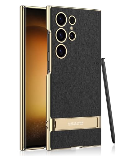 Premium leather Phone Case for Samsung S24 Plus S24 Ultra shockproof Cover adjustable holder (Black S24 Ultra)