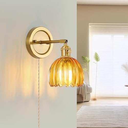 Image of Plug in Wall Sconces Set of 2 Vintage Bedroom Bedside Wall Lights with Tulip Glass Shade 180 Adjustable Victorian Art Modern Wall Lamp Fixtures Decor for Bathroom Living Room Corridor
