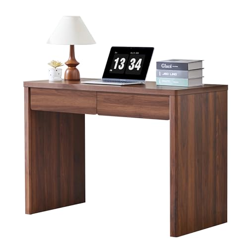 affeivul 43 Inch Small Computer Desk with 2 Drawers Mid Century Modern Writing Study Table for Home Office Vintage PC Work Desk with Storage for Bedroom Small Spaces Easy Assembly MDF - Walnut