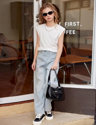 Image of Arshiner Girls T Shirts Cap Sleeves Casual Summer Tops Crewneck Tank Loose Fit Fashion Blouse Tee