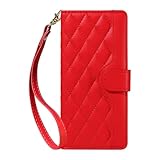 iPhone 14 Pro Max用ジェネリックケース(カラー:レッド) グリッド ラグジュアリー プレミアム レザー ウォレット マグネット フリップ バック ケース