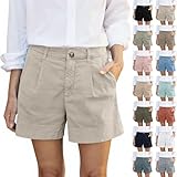 Linen Shorts for Women Summer High Waisted Bermuda Shorts Casual Button Down Pleated Dress Short Plus Size Boho Wide Leg Beach Short with Pockets Trendy Dressy Knee Length Tailored Business Work Pants