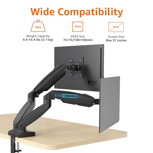 Image of Amazon Basics Gas Spring Dual Monitor Arm Desk Mount, Adjustable Tension, Fits 15-27 Inch Monitors, Supports 4.4-15.4 lbs Each Arm, VESA 75x75 /100x100, Black