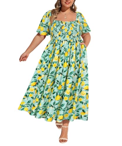 Image of RITERA Plus Size Dresses for Curvy Women Square Neck Short Sleeve Summer Floral Smocked Maxi Dress with Pocket XL-5XL