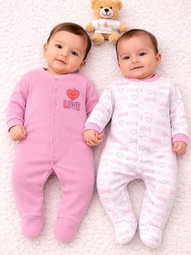 Image of Kidbee Baby Cotton Romper Pack of 2 | 100% Soft Cotton Hosiery | Front Open Snap Buttons | Full Sleeve Footed Sleepsuit | Newborn Baby Clothing Set