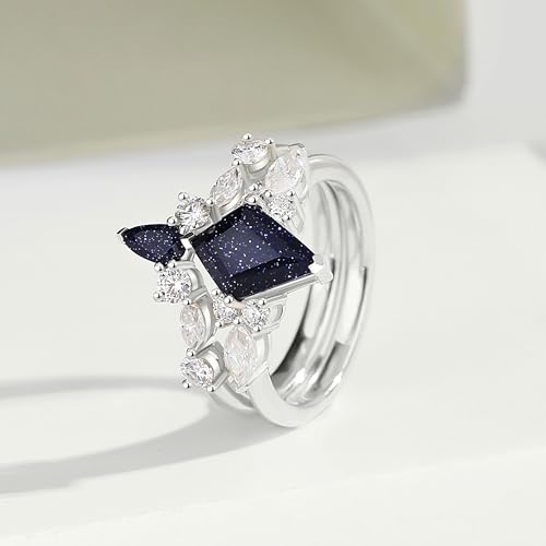 Personalized 925 Sterling Silver Engagement Rings, Kite Cut Blue Sandstone Ring for Her Womens Bridal Ring Set, Wedding Ring Set Anniversary Bands Sets of 2.3