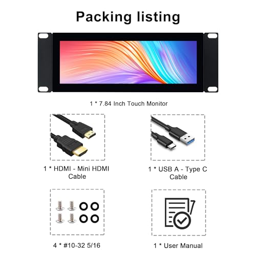 Image of 7.84 Inch 2U Rack Mount Touchscreen Monitor,1280x400 IPS Secondary Display with Speaker, Compatible with DeskPi RackMate T0 /T1 /T2 /T0 Plus /T1 Plus /TL1, Tecmojo 4U /6U /9U /12U 10inch Server Rack Cabinet
