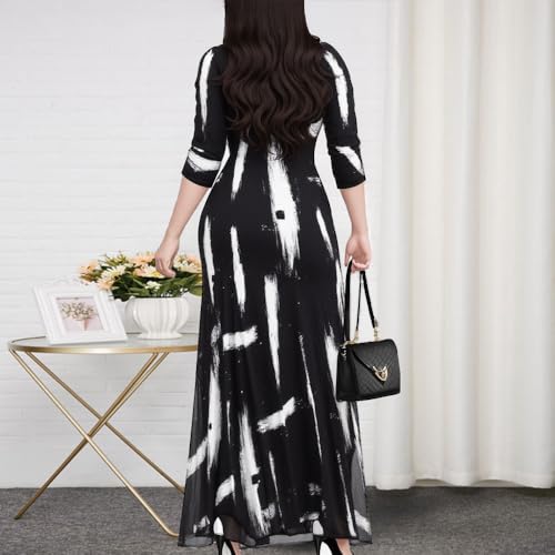 Image of CaniBtr Maxi Dresses for Women Plus Size 3 /4 Sleeve Long Dress with Belt | Versatile plus-size maxi dress,wrap v-neck + waist tie craft soft glamorous looks easily for everyday casual outings