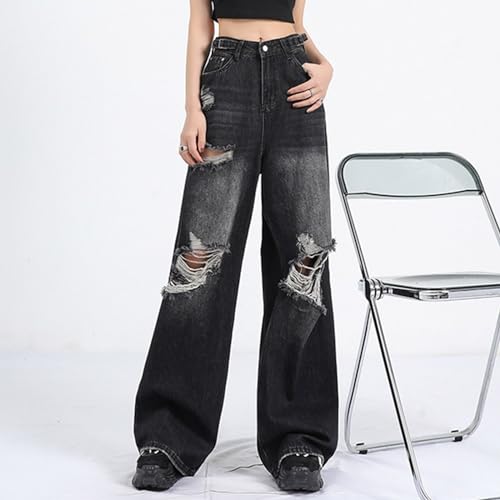 Womens Ripped Boyfriend Jeans Trendy Y2K Baggy Destroyed Denim Pants Streetwear Wide Leg Long Trousers with Pockets4