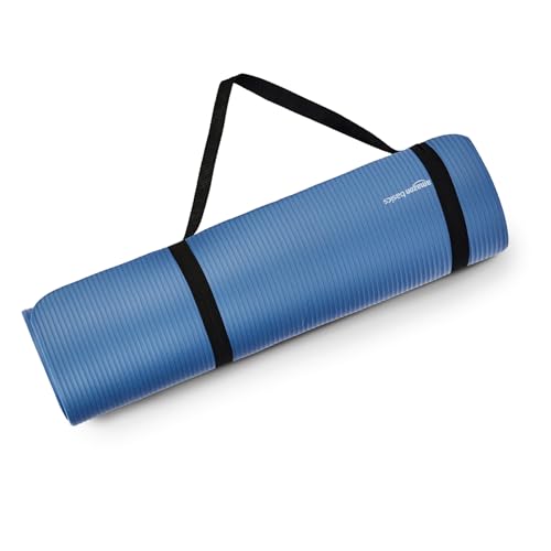 Image of Amazon Basics NBR Yoga & Exercise Mat with Carrying Strap | 8 mm Thick Cushioned Support | Non-Slip Textured Surface | Lightweight & Durable Foam Rubber Material | Floor Protection | Ideal for Yoga, Pilates & Home Workouts | 183 x 61 cm | Blue