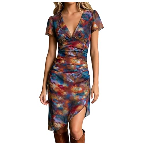 Sunmer - Vestidos para mujer, vintage, teñido anudado, estampado abstracto, fruncido, manga corta, con vuelo, asimétrico, dobladillo con volantes, casual, fiesta, longitud media, vestido de playa