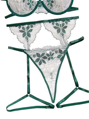 Image of Lilosy Sexy Choker Floral Lace Scallop Sheer Underwire Push Up Garter Belt Lingerie Set 3 Piece