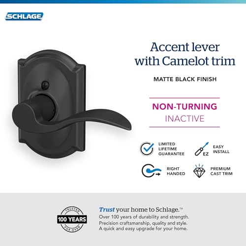 Image of SCHLAGE SCHLAGE Lever with Camelot Trim Non-Turning Lock in Matte Black - Right Handed - F170 ACC 622 CAM RH