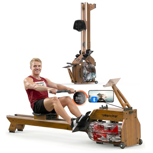 Image of Water Rowing Machine for Home Use, WENOKER Wooden Foldable Rower Machine with Dedicated Monitor & Bluetooth APP, Large Water Tank & Comfortable Seat for Immersive Water Rower, 350LBS Weight Capacity