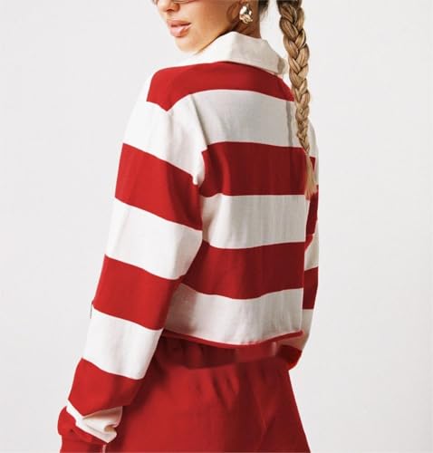Women Striped Oversized Polo Shirt Long Sleeve V Neck Pullover Sweatshirt Color Block Lapel Collar Rugby Shirt4