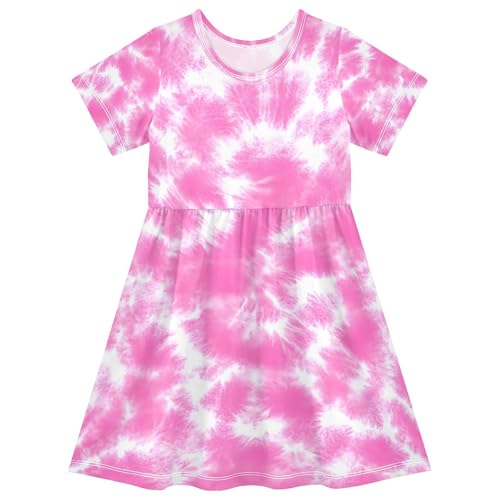 Pink Tie Dye Little Girls Dress Cute Midi Swing Dresses Casual Summer Sundress for Kids