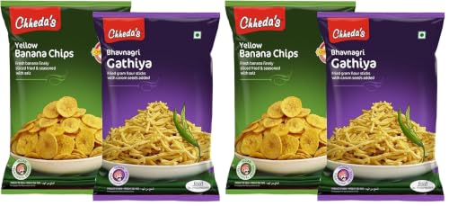 Image of Chheda's - Yellow Banana Chips (350 Gm) and Bhavnagri Gathiya (300 Gm) | Banana Wafers | Indian Namkeen | Tasty Snacks | Ready to Eat - Combo Pack (Pack of 2)