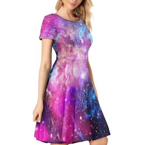 Image of Forchrinse Galaxy Purple Nebula Universal Dress for Women Novelty Galaxy Summer Dress Short Sleeve Sexy Dress Midi Tank Dress Elegant Flowy Swing Sundress,S-4XL, X-Large