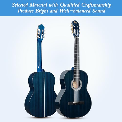 Image of WINZZ 4 /4 Classical Guitar, 39 Inch Full Size Nylon String Guitar for Beginner Adults, Full Classic Guitar Kit with Free Lessons, Gig Bag, Footstool, Capo, Tuner, Hanger and Strap (Glossy Blue)