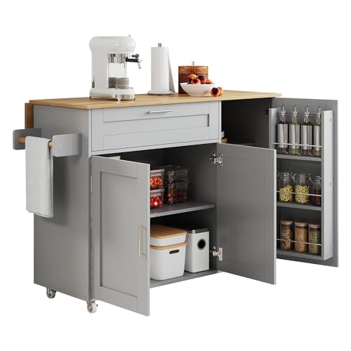 BTM Kitchen Island On Wheels Rolling Storage Trolley with Worktop Multifunctional Cabinet Kitchen Storage With Drawers, Spice Rack, Grey