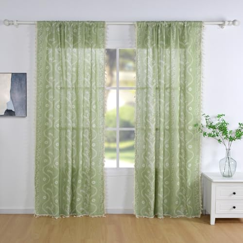 Image of Schweek Sage Green Boho Curtains 2 Panels 96 Inches Long for Living Room | Farmhouse Bohemian Tassels Curtains, Cotton Linen Semi Sheer,Western Drapes for Bedroom, Dining Room, Office 52 inchx 96 inch