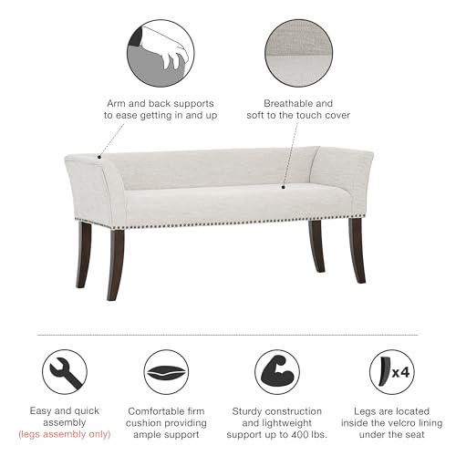 Image of Madison Park Accent Bench for Living Room, Upholstered with Nailhead Trim, & Padded Seat Entryway Bench Small, End of Bed Bench with Back, 49.5 inch W x 19.25 inch D x 23 inch H, White Cream
