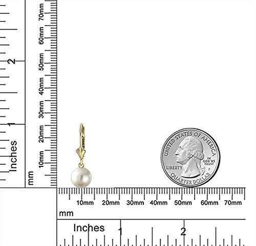 Classic Real 14K Yellow Gold White 8Mm Round Freshwater Cultured Pearl Drop Ball Dangle Earrings Lever Back Women June Birthstone #TOP3