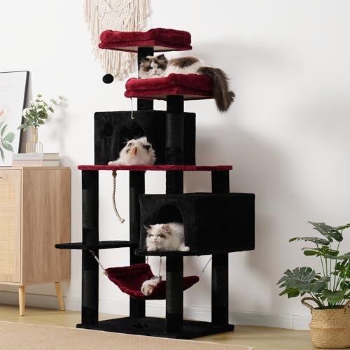 Image of Hey-brother Gothic Large Multi-Level Cat Tree Condo Furniture with Sisal-Covered Scratching Posts, 2 Bigger Plush Condos, Perch Hammock for Kittens, Cats and Pets, Black and Red MPJ020BR