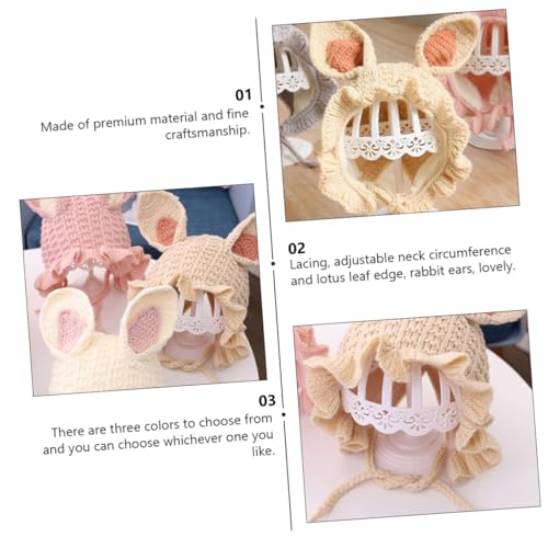 VICASKY Knitted Yarn Hat with Rabbit Ears Adjustable Lacing Thick Warm Beanie for Months to Years Breathable Thermal Winter Bonnet with Lotus Leaf Edge Beige3
