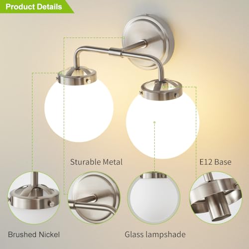 Image of Bathroom Light Fixtures 14in 2-Light Brushed Nickel Vanity Light for Mirror | Bathroom Lighting Fixtures over Mirror, ETL, Brushed Brass Wall Sconce, Dimmable E12 Base Max 60W, Milky Glass Ball Shades